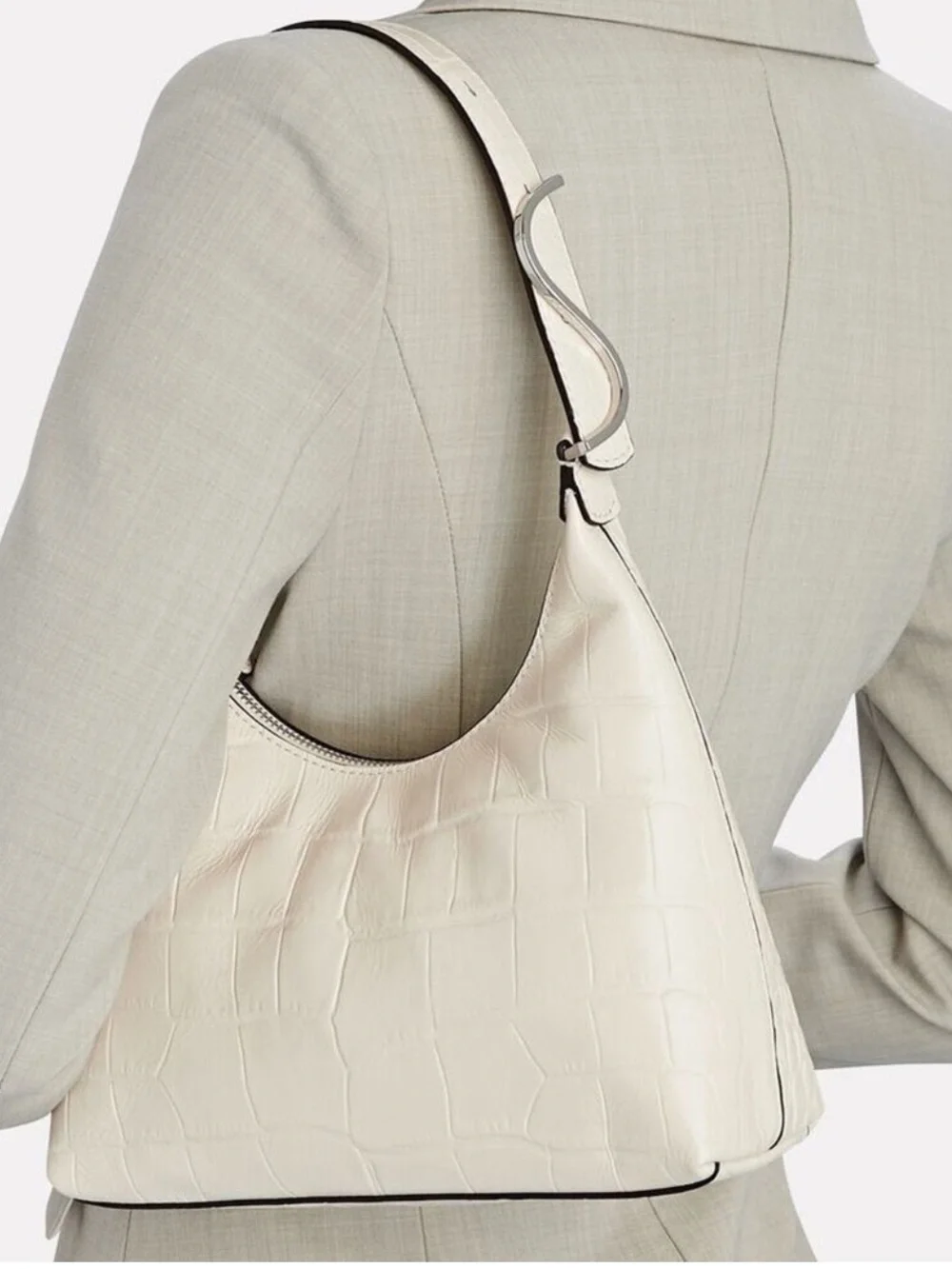 STAUD Croc-Embossed Hobo Bag in Cream